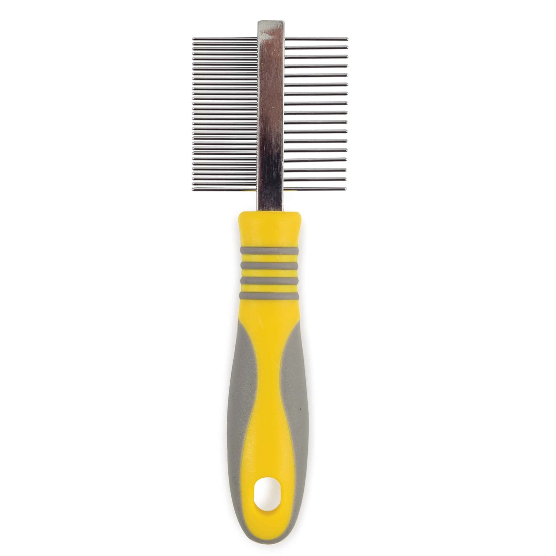 Pet grooming comb with yellow handle on a white background