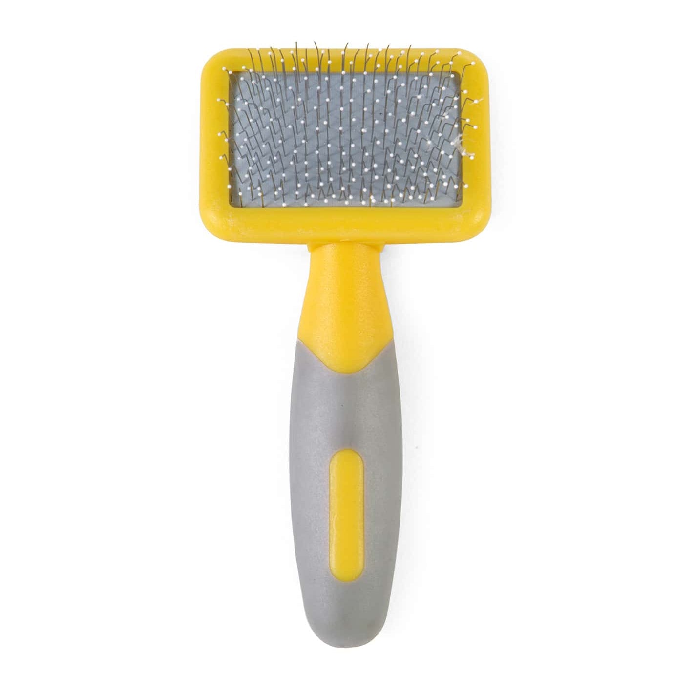 Pet grooming brush with yellow handle and gray bristle side on a white background
