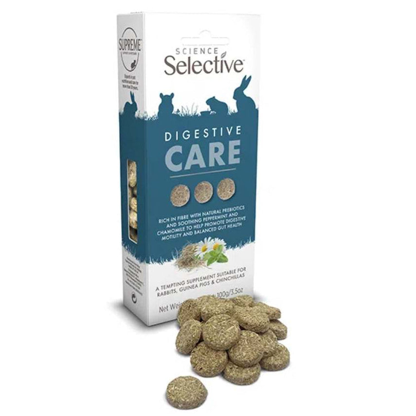 Supreme Selective Digestive Care pet supplement packaging with loose supplements on a white background