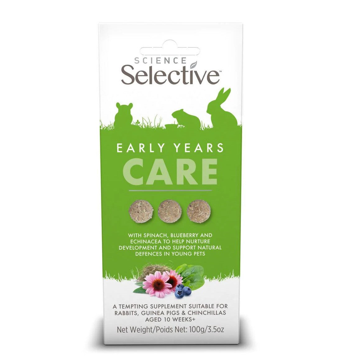 Science Selective Early Years Care supplement packaging for small animals on a white background