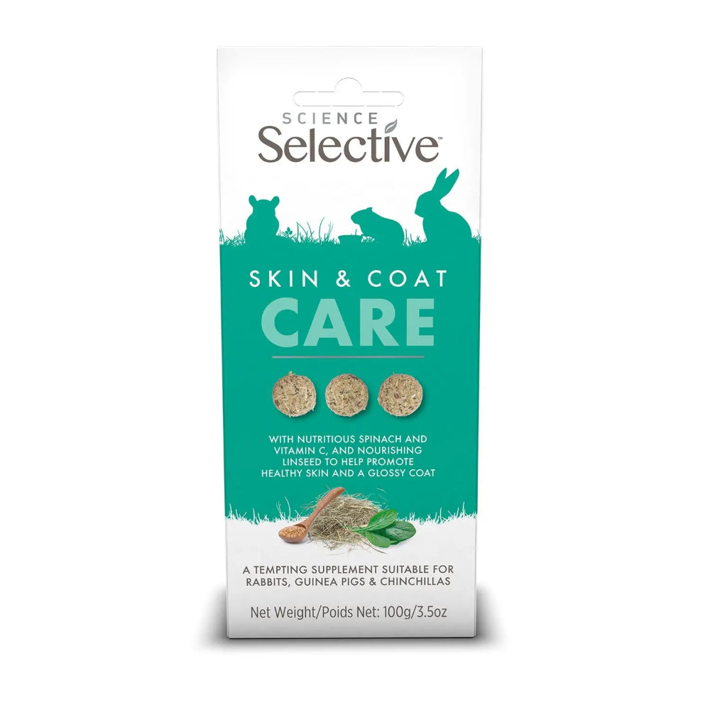 Science Selective Skin & Coat Care supplement packaging for small animals on a white background